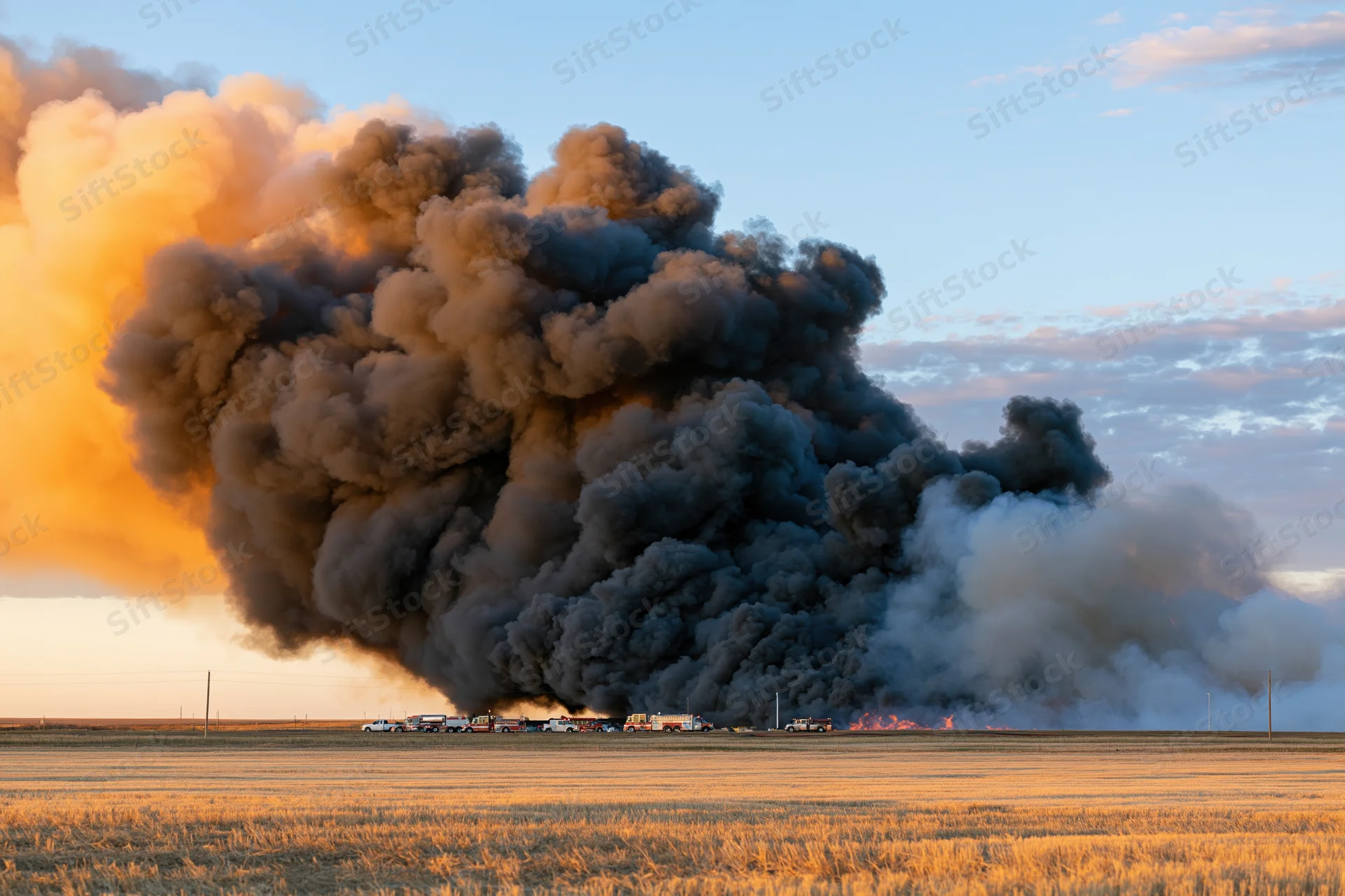 Massive smoke plume rising from wildfire in open field at sunset with emergency vehicles below