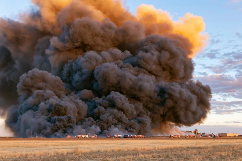 Massive smoke plume rising from industrial facility at sunset over rural field with firetrucks below