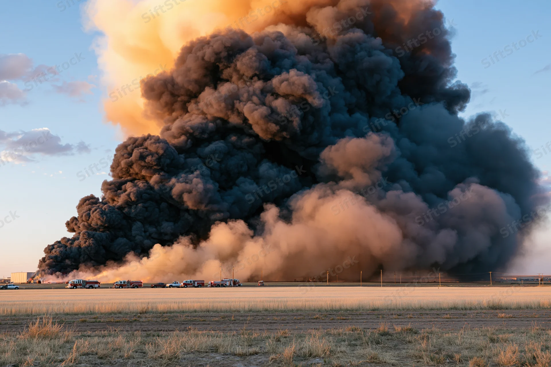 Massive smoke plume rising from industrial fire in rural field at sunset with emergency vehicles below