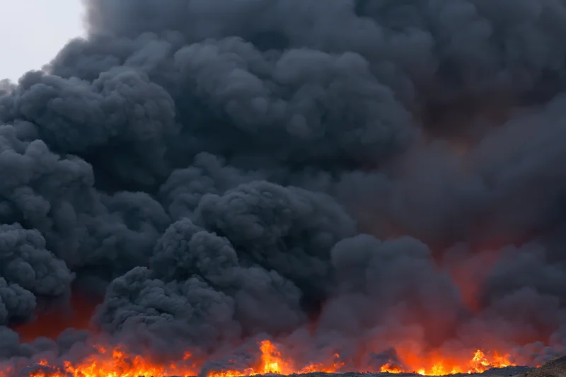 Massive industrial fire burning at ground level with dense billowing smoke and bright orange flames visible beneath thick gray clouds