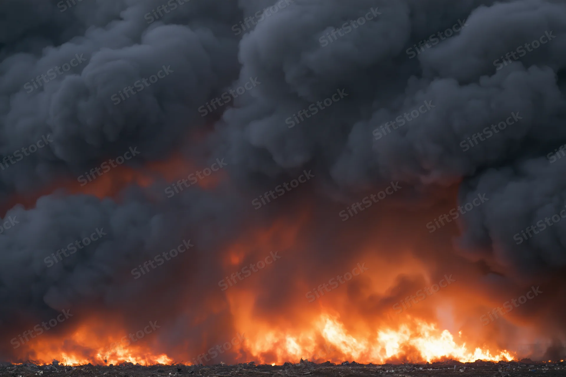 Massive industrial fire burning at ground level with dense billowing smoke and intense flames