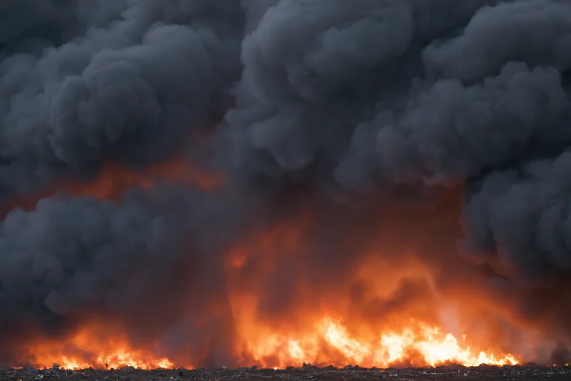 Massive industrial fire burning at ground level with dense billowing smoke and intense flames