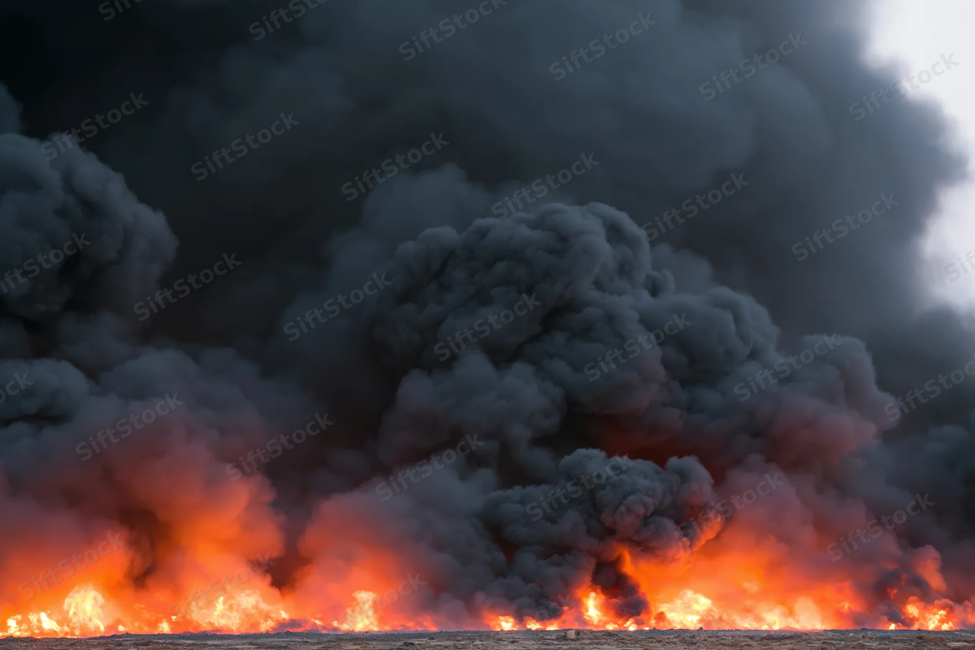 Massive industrial fire burning at ground level with thick billowing smoke and intense orange flames