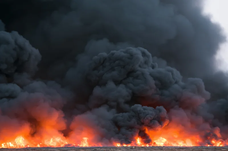 Massive industrial fire burning at ground level with thick billowing smoke and intense orange flames
