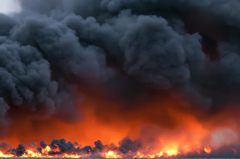 Massive industrial fire burning at ground level with dense billowing smoke and intense flames