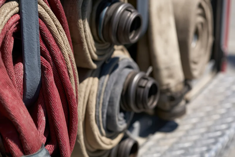 Coiled fire hoses secured in metal rack brackets on a fire truck