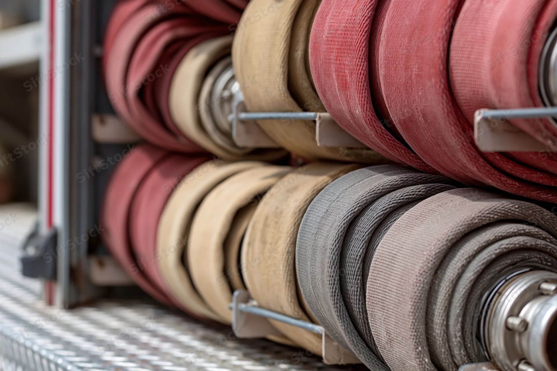 Coiled fire hoses stacked in metal rack brackets on a grid platform