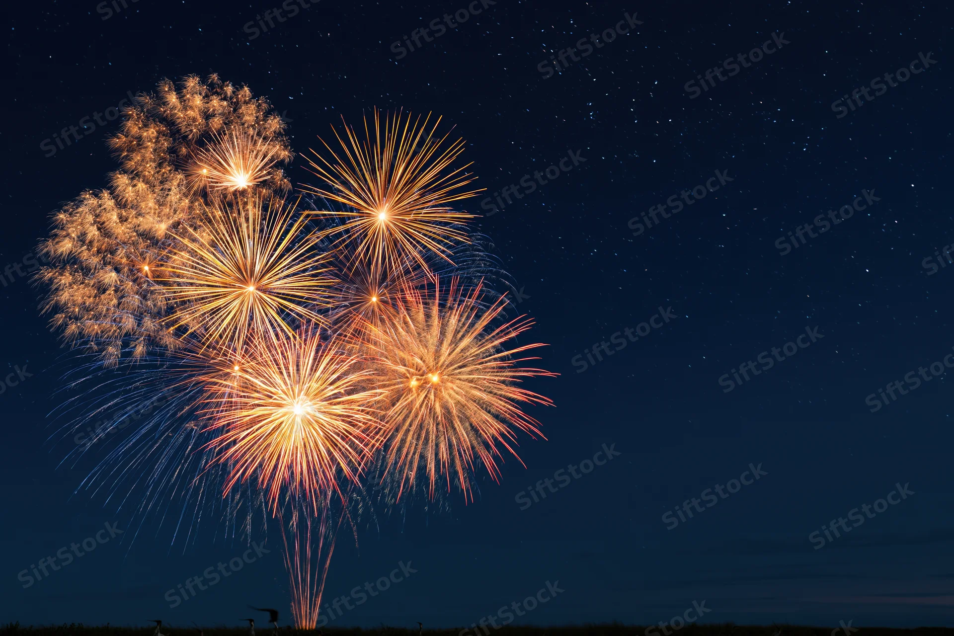 Fireworks bursting in the night sky over a dark landscape with stars visible