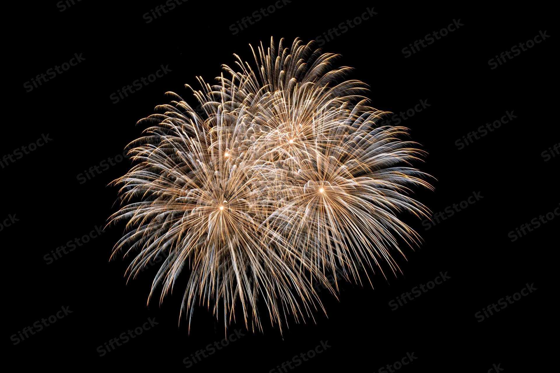 Fireworks bursting simultaneously in the night sky against a black background
