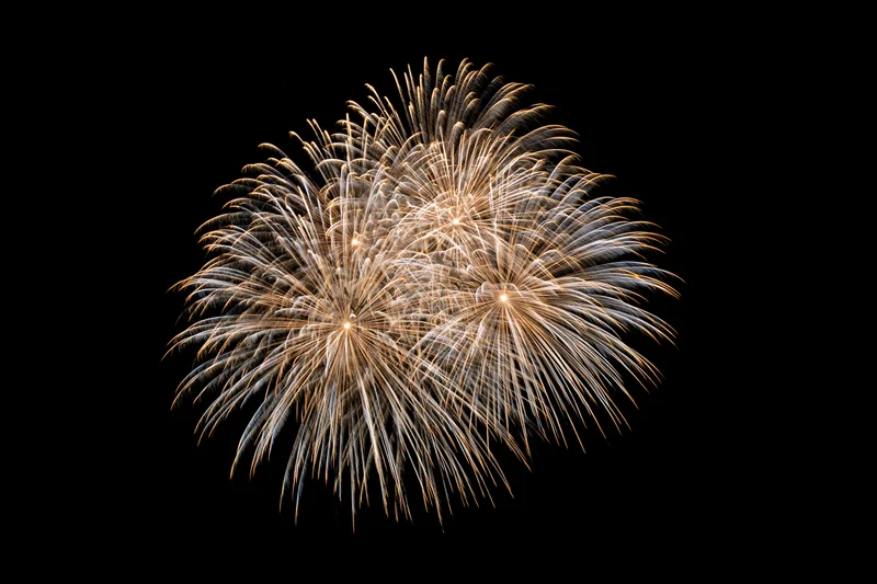 Fireworks bursting simultaneously in the night sky against a black background