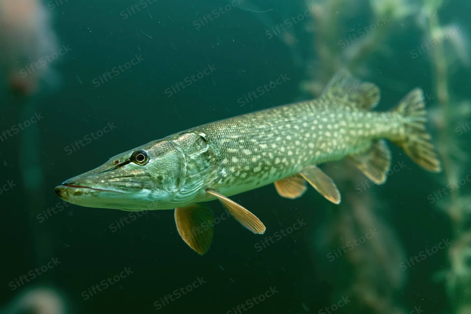 Northern pike swimming midwater angled upward in dark green aquatic environment