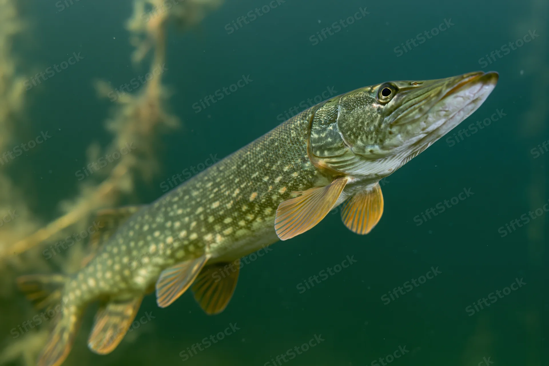 Northern pike swimming midwater angled upward in freshwater habitat