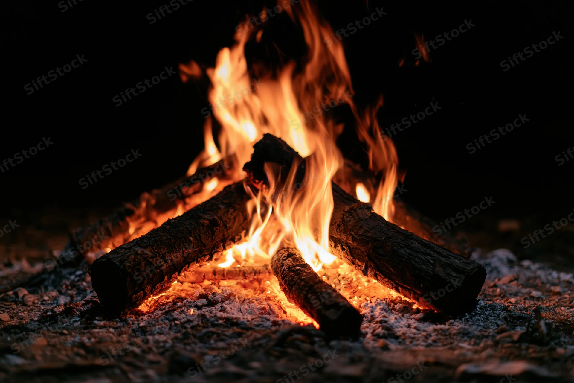 Campfire burning with flames rising from stacked logs on dark ground at night