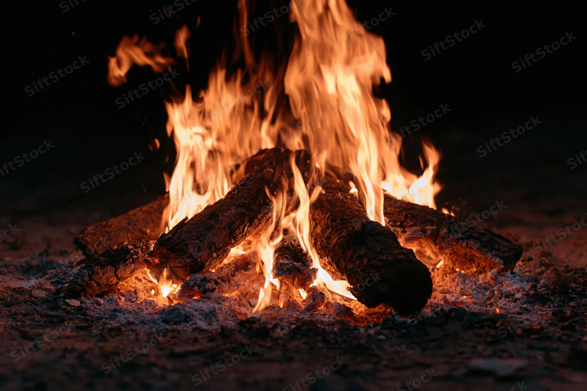 Campfire burning with flames rising from stacked logs on dark ground at night