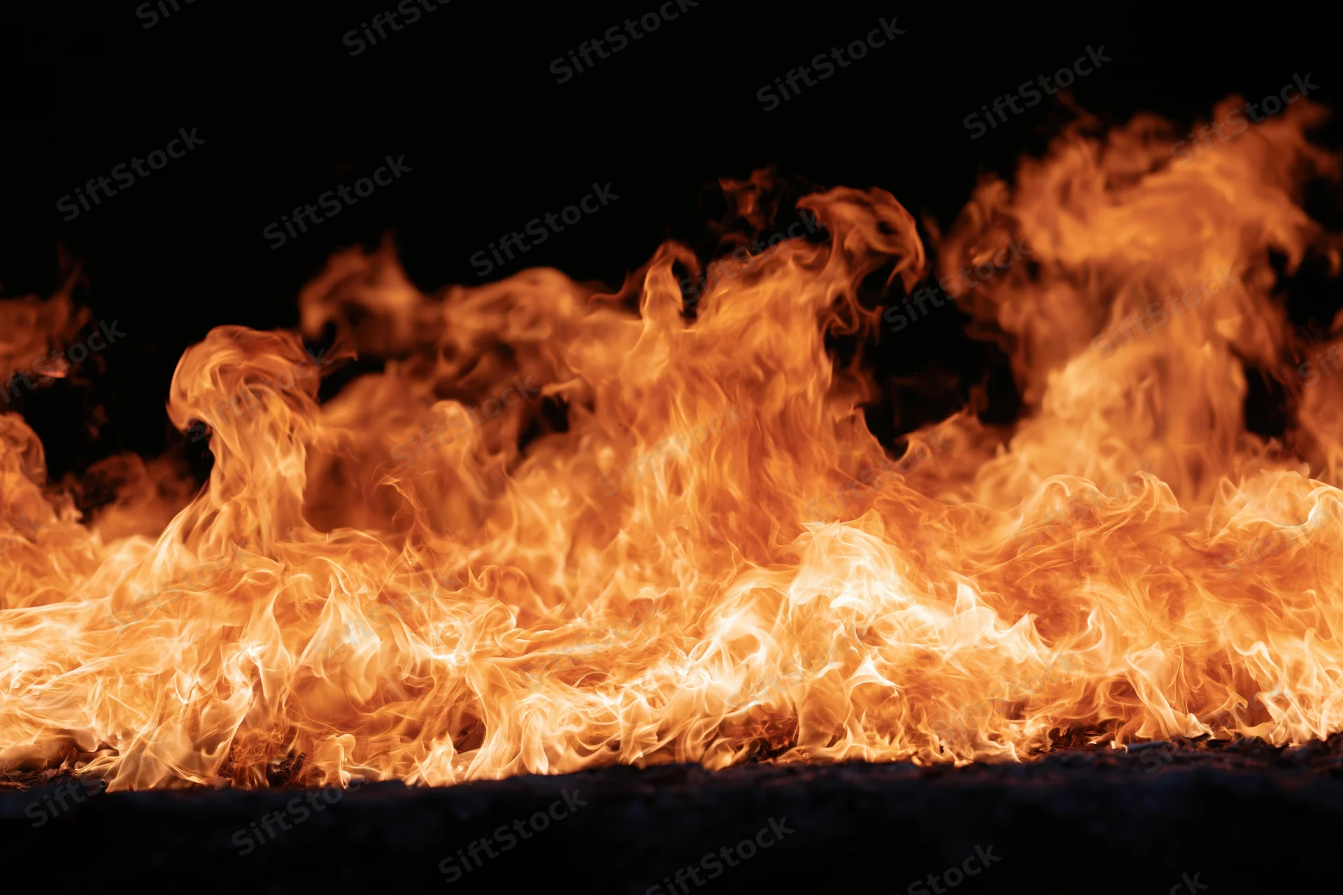 Intense fire flames burning vigorously against a pure black background