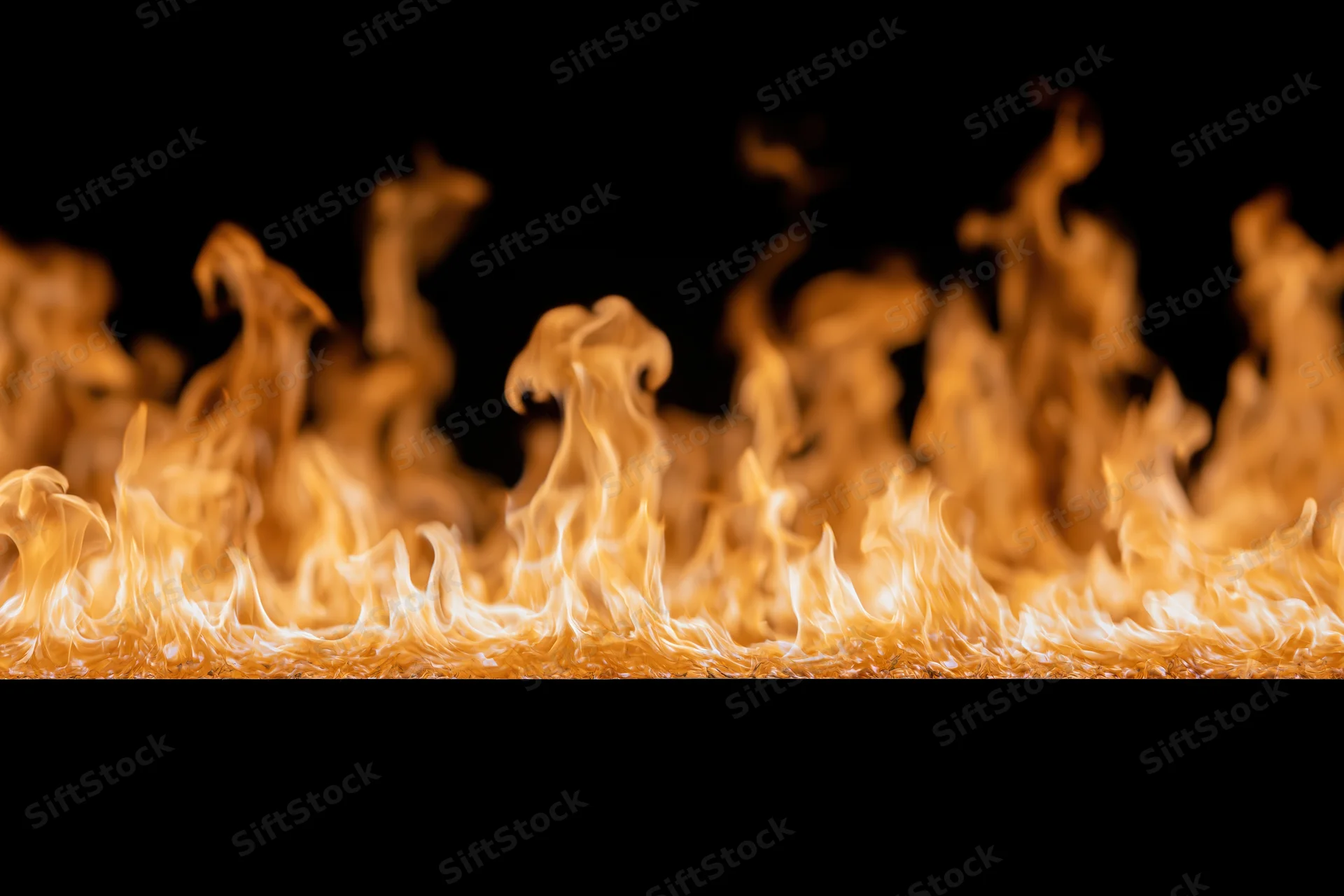 Intense fire flames burning vigorously against a pure black background
