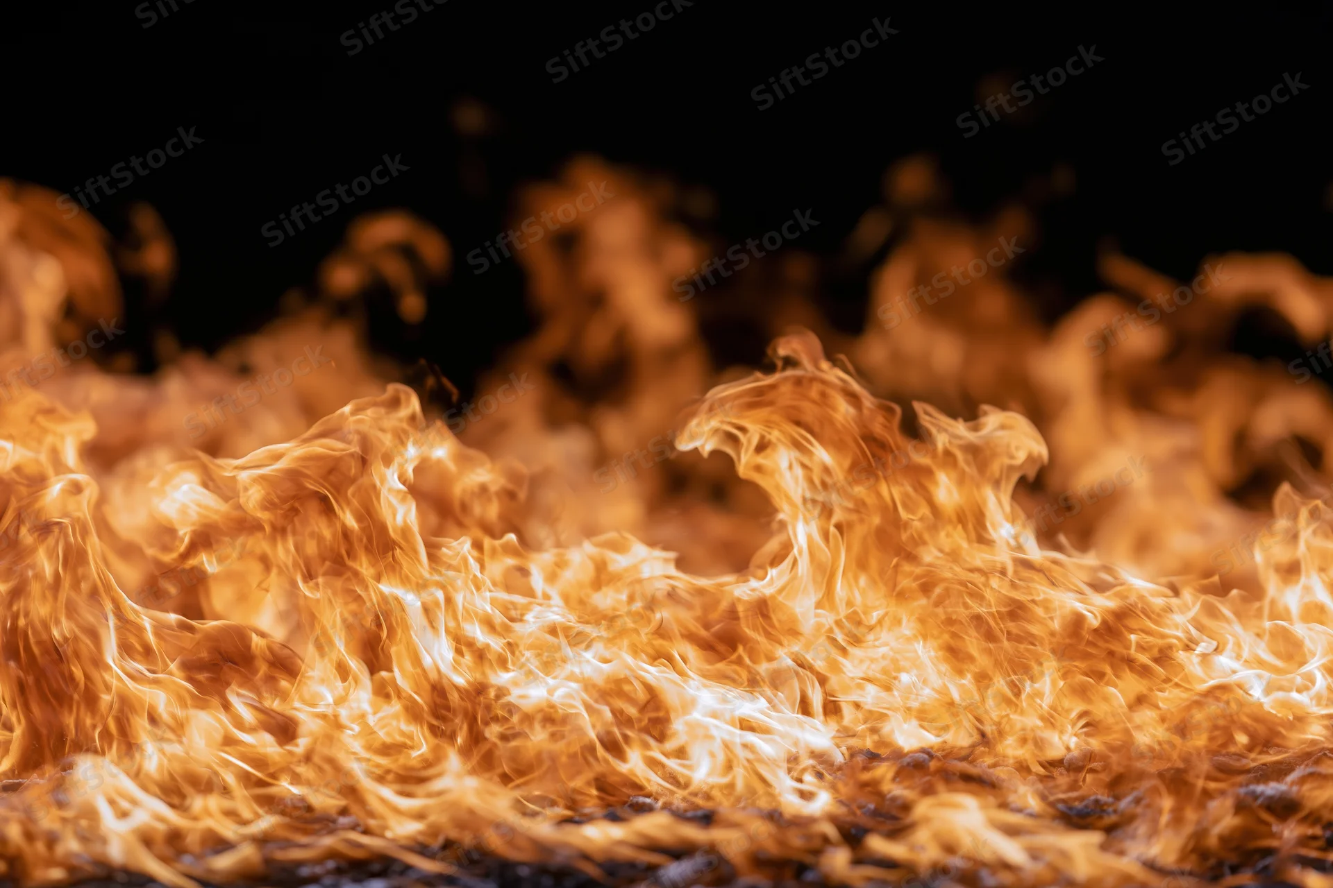 Intense flames burning vigorously against a pure black background