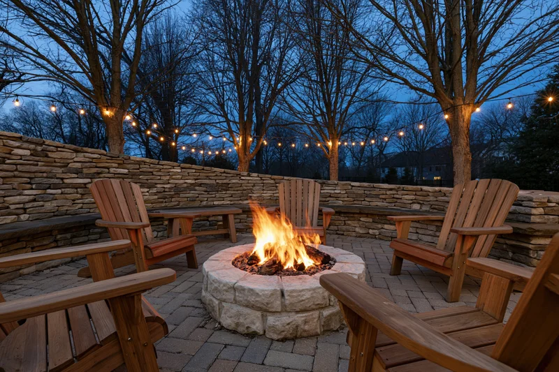 Stone firepit with active flame surrounded by wooden adirondack chairs on a brick patio at twilight