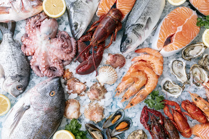 Overhead flat-lay of fresh seafood including fish, lobster, shrimp, octopus, oysters and mussels arranged on ice with lemon and parsley