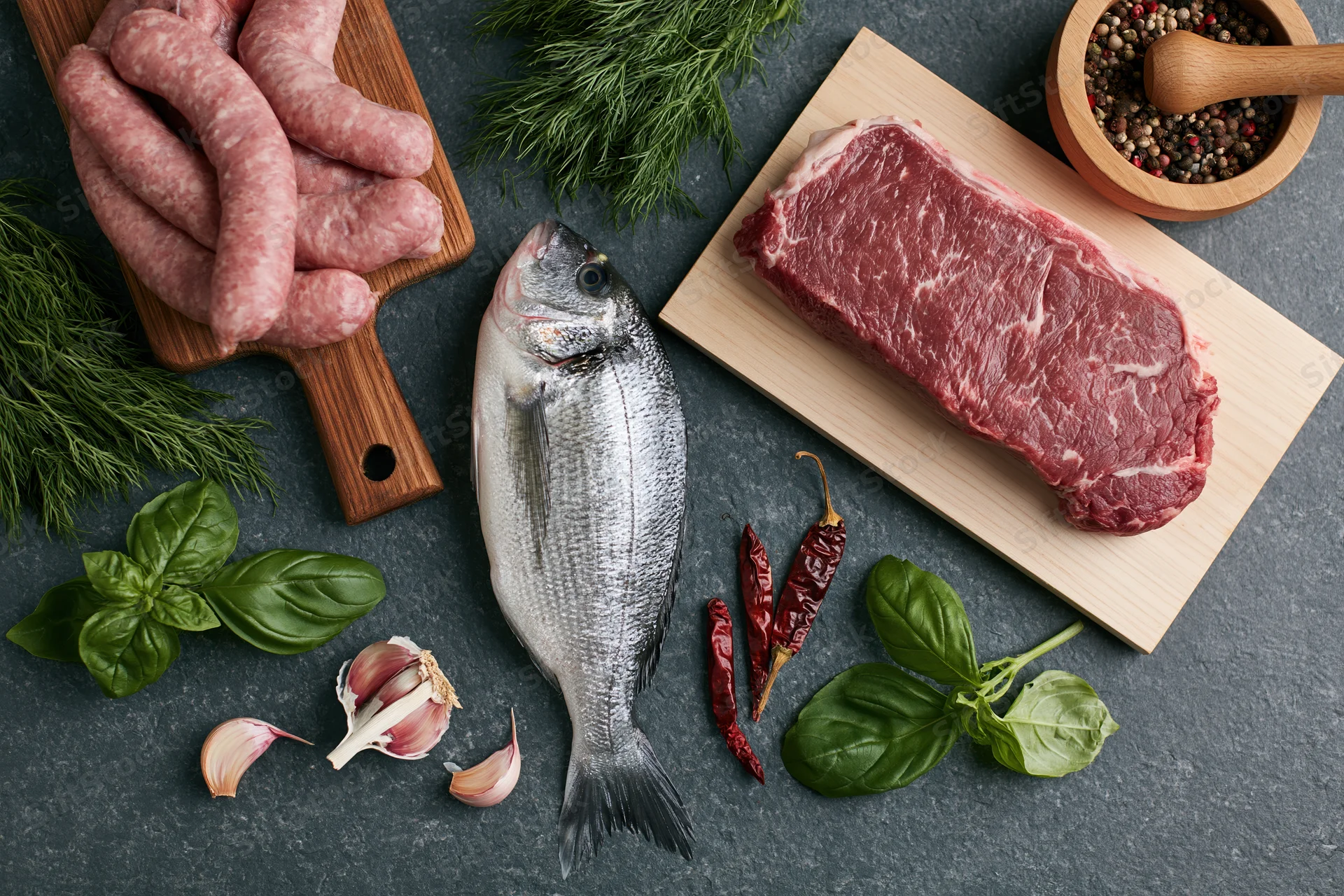 Raw meat, fish, and sausages arranged with fresh herbs and spices on a dark countertop