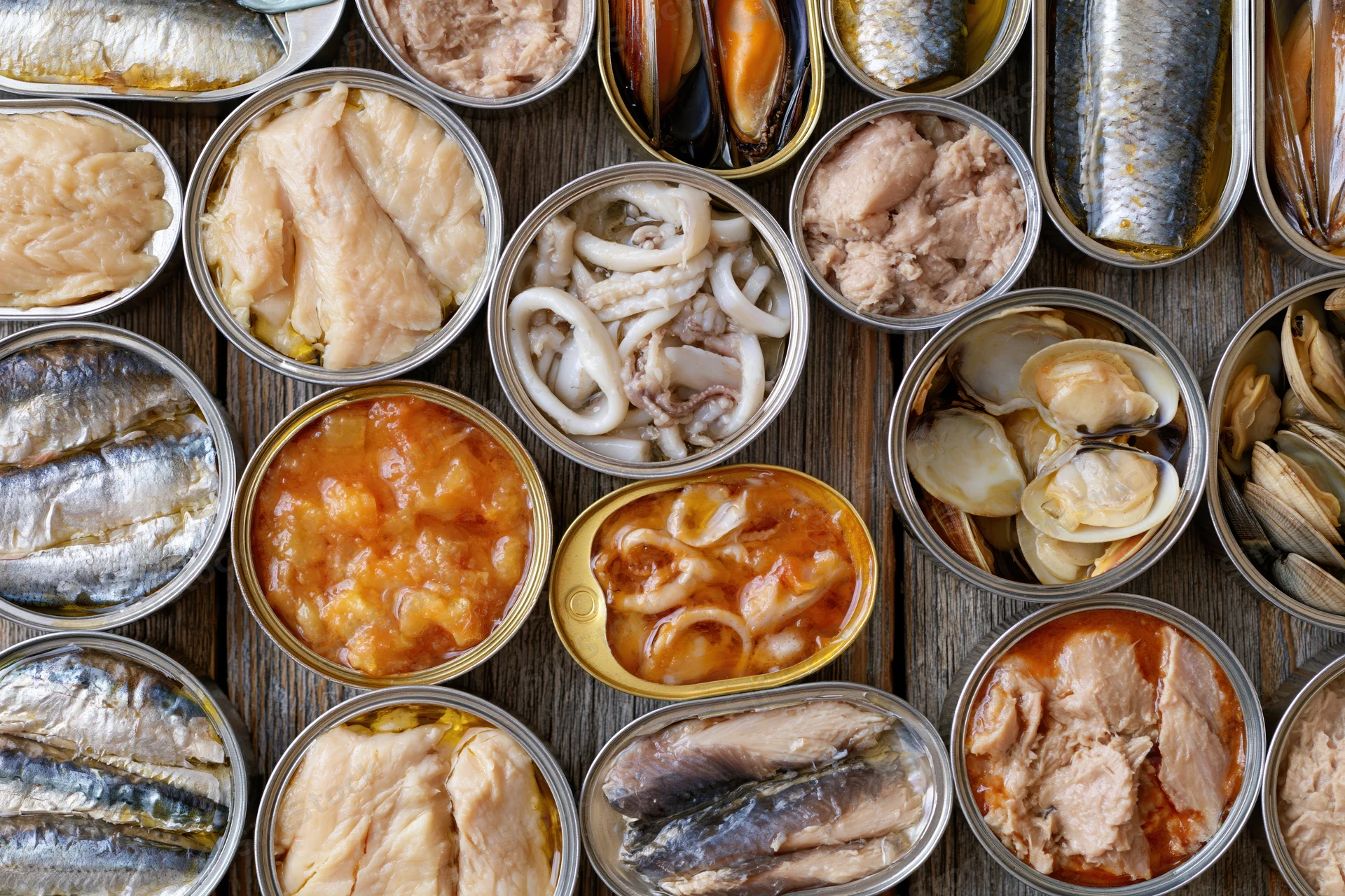 Overhead flat lay of open tin cans filled with various canned seafood arranged on wooden surface