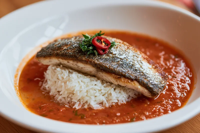 Pan-seared fish fillet with crispy skin on rice in tomato sauce in a white bowl