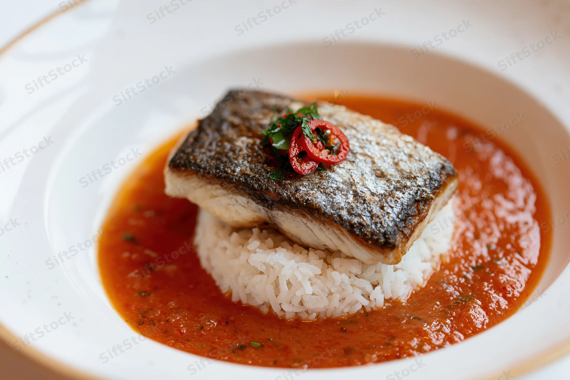Pan-seared fish fillet with crispy skin on a mound of rice in tomato sauce on a white plate