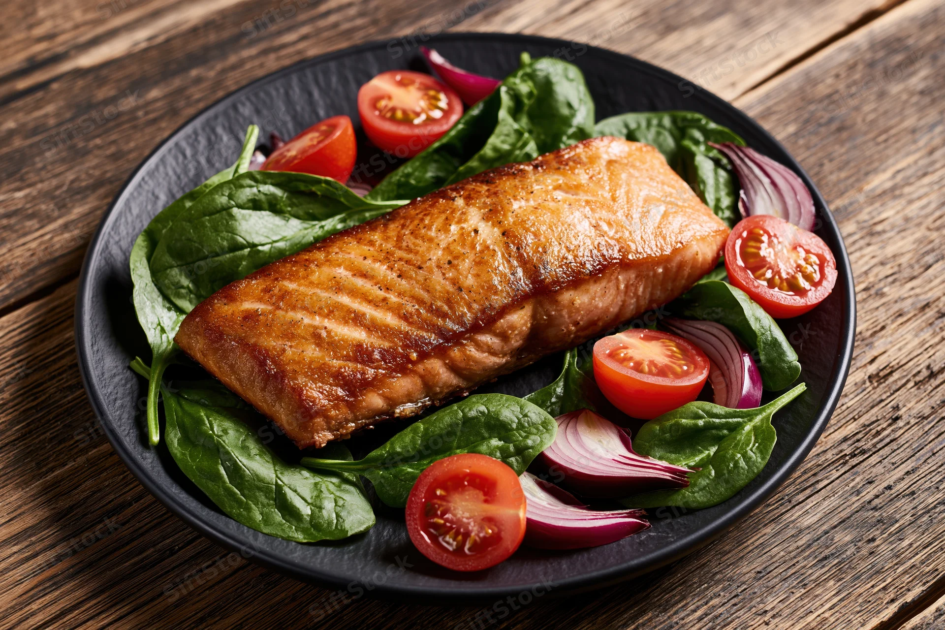 Pan-seared salmon fillet with spinach and tomatoes on a black plate on wooden table