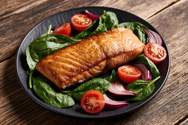 Pan-seared salmon fillet with spinach and tomatoes on a black plate on wooden table