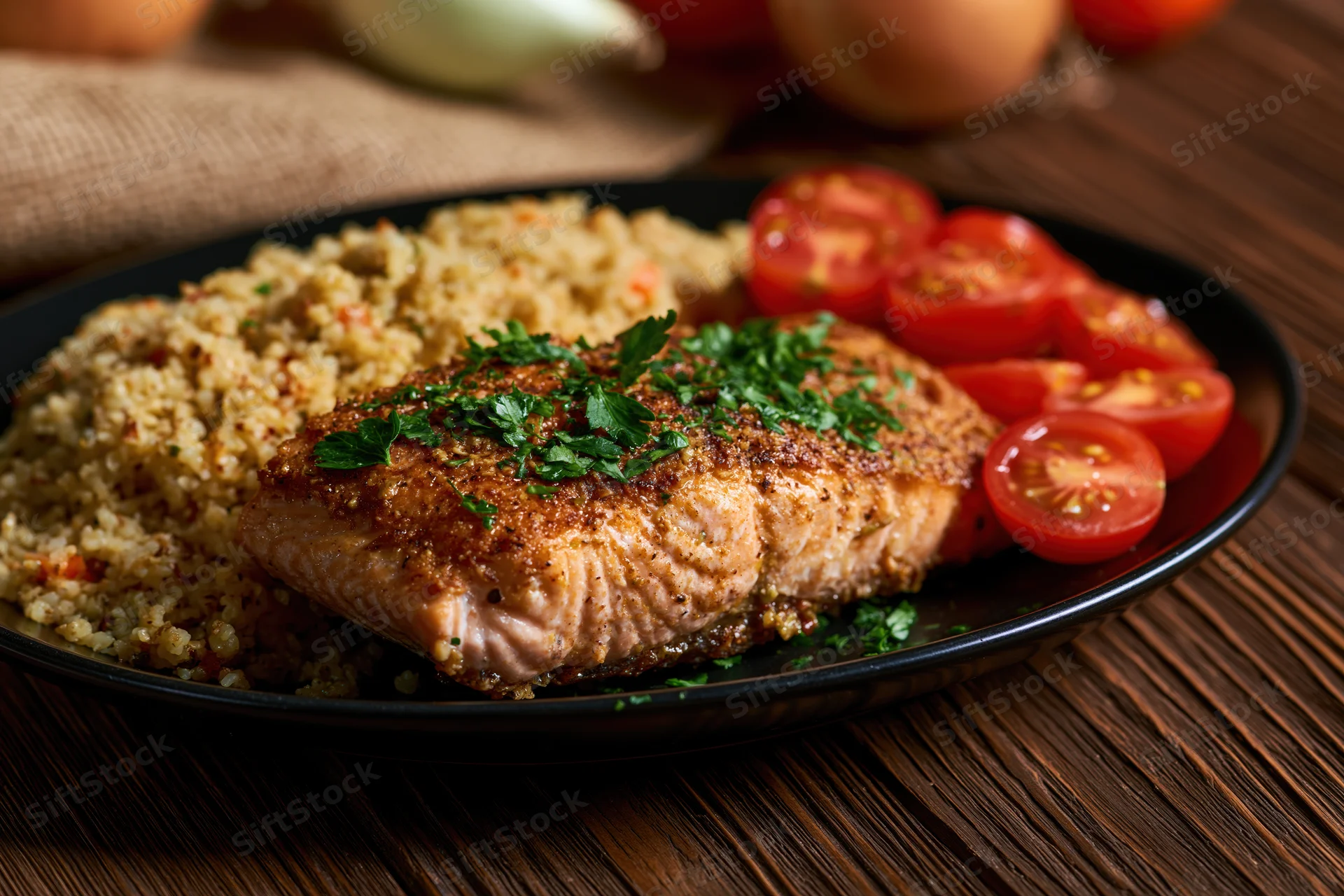 Pan-seared salmon fillet with golden-brown crust served on a black plate with quinoa and sliced tomatoes