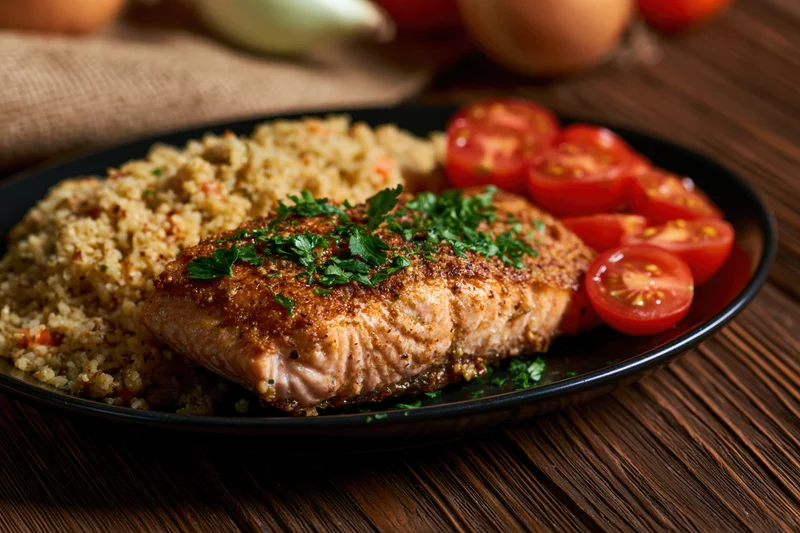 Pan-seared salmon fillet with golden-brown crust served on a black plate with quinoa and sliced tomatoes