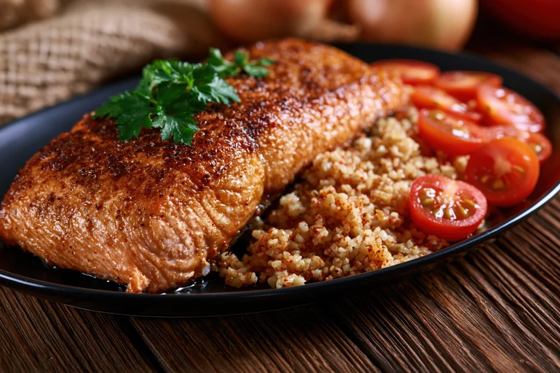 Pan-seared salmon fillet with golden crust served on black plate with quinoa and cherry tomatoes