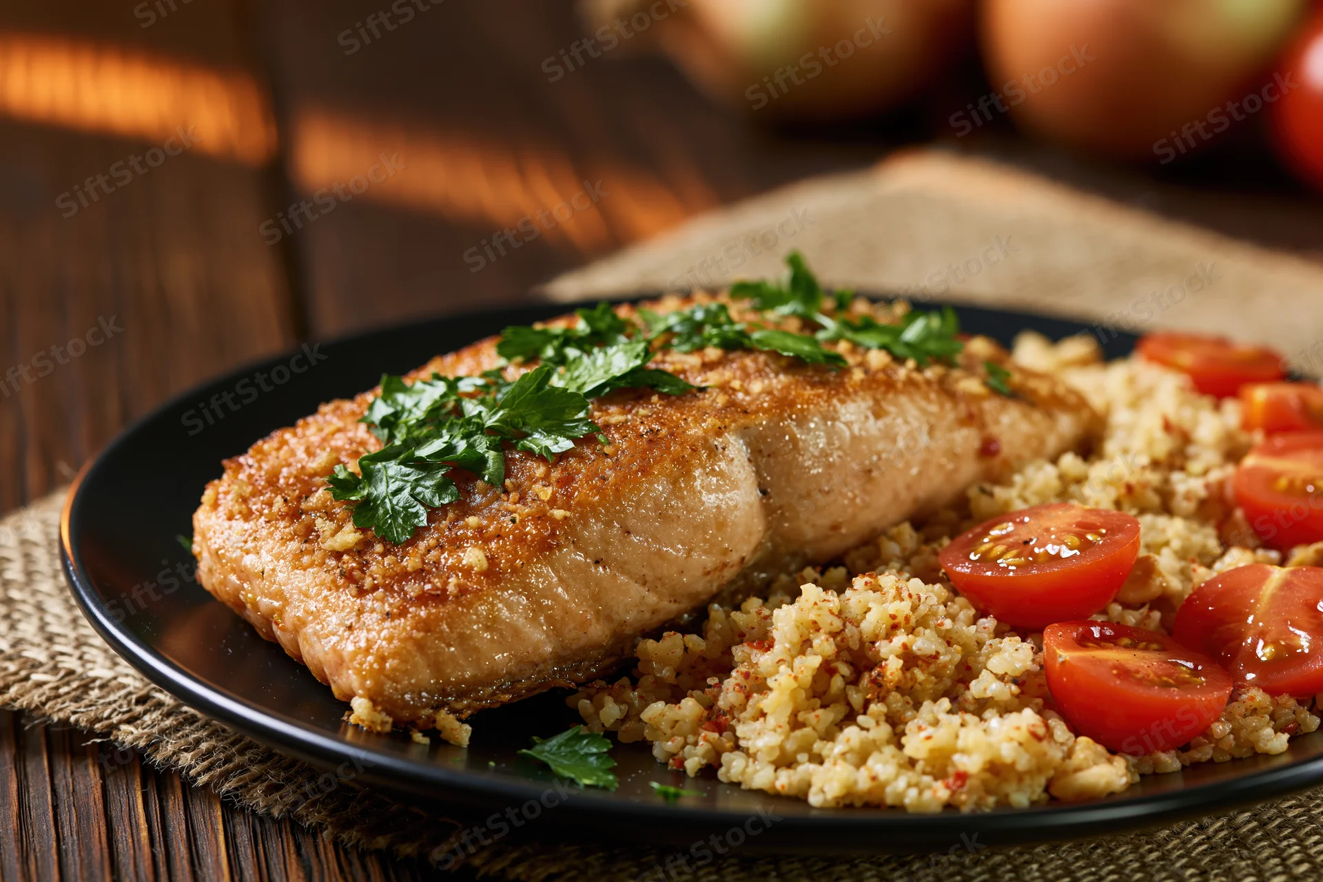 Pan-seared salmon fillet with golden-brown crust served on black plate with quinoa and cherry tomatoes