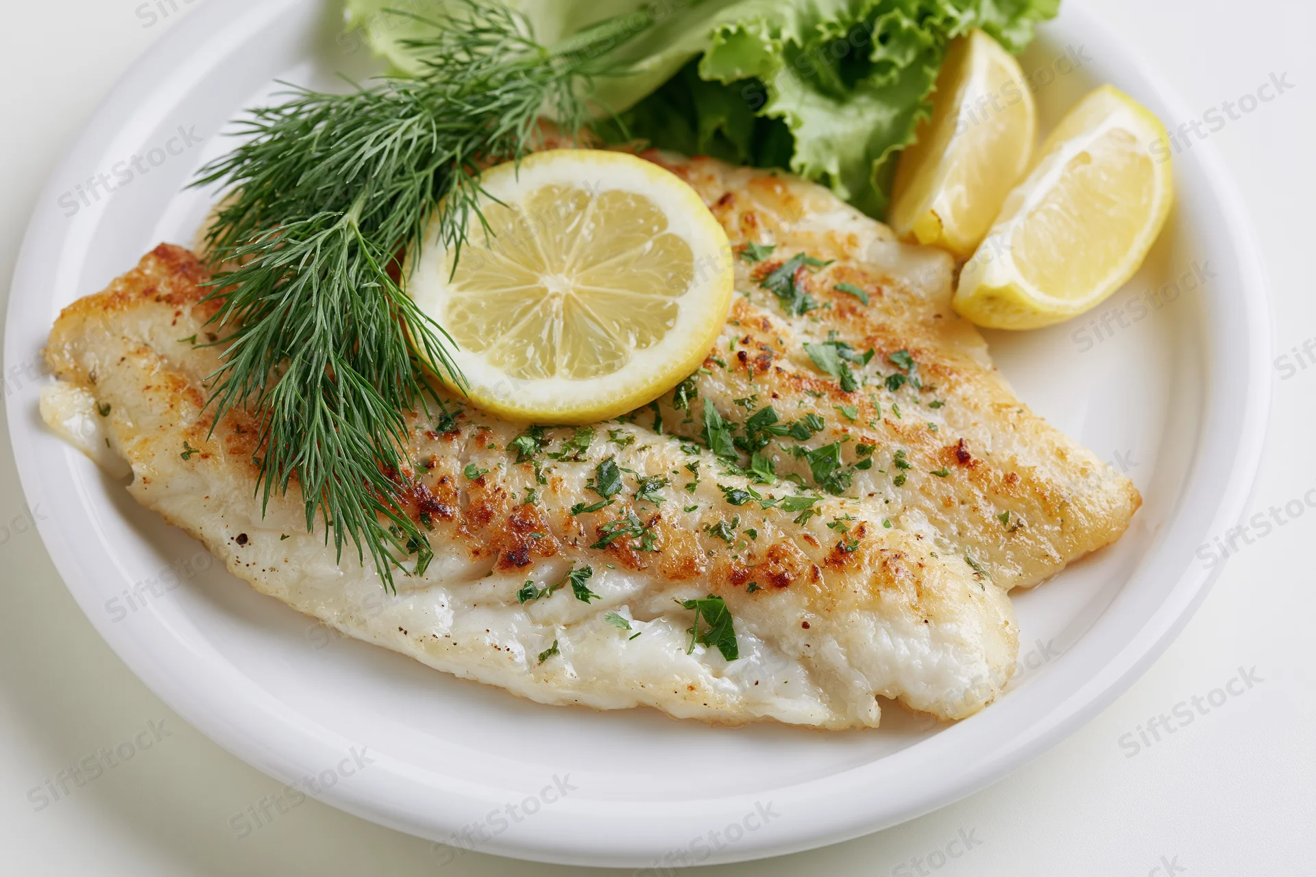 Pan-seared white fish fillet garnished with lemon and dill on a white ceramic plate