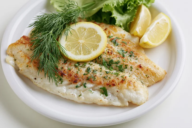 Pan-seared white fish fillet garnished with lemon and dill on a white ceramic plate