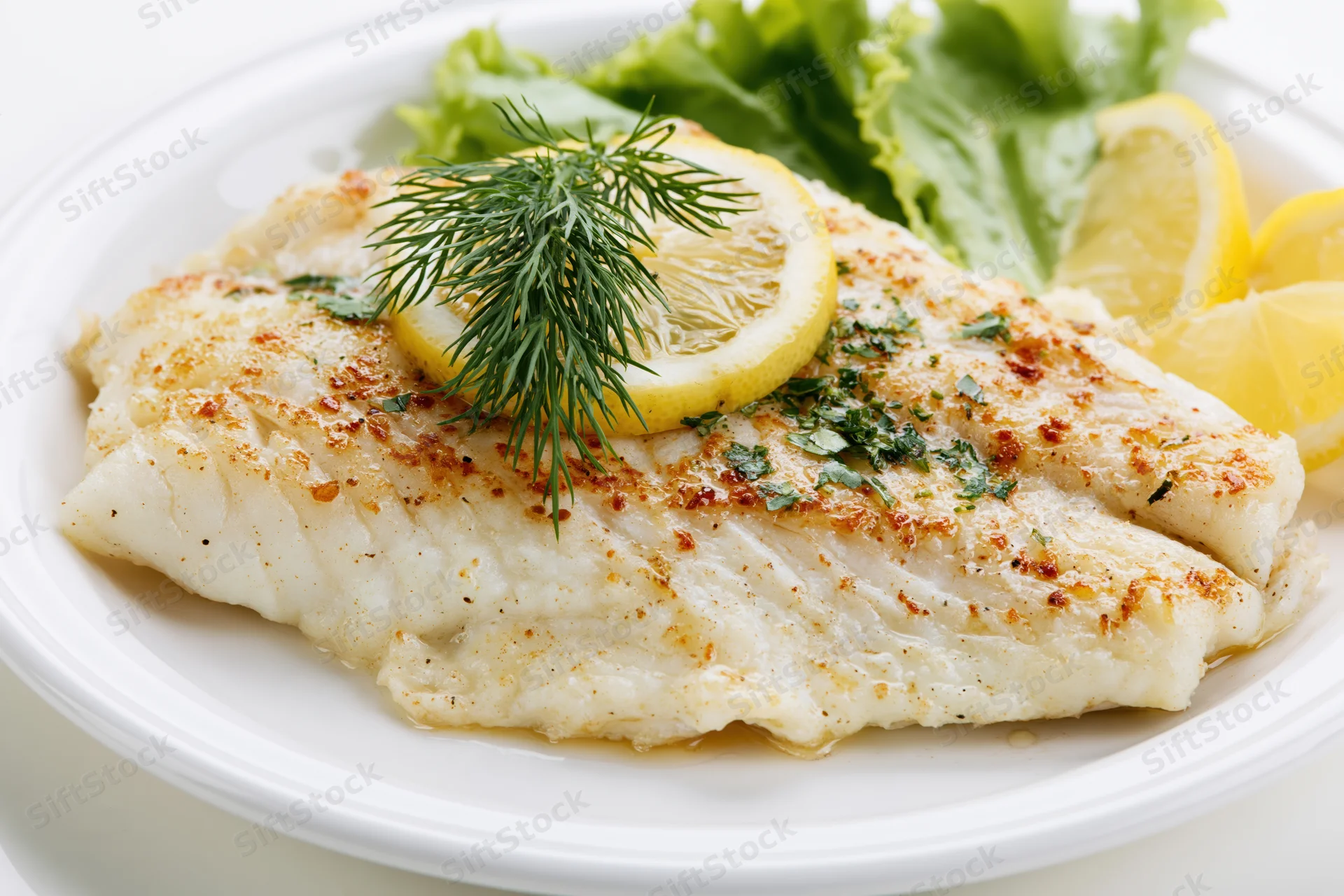 Pan-seared white fish fillet garnished with lemon and dill on a round white ceramic plate