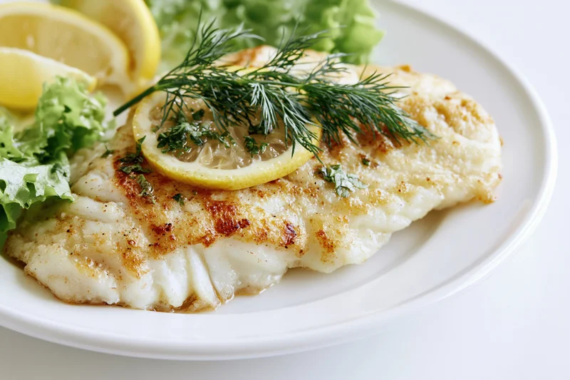 Pan-seared white fish fillet garnished with lemon and dill on a white ceramic plate
