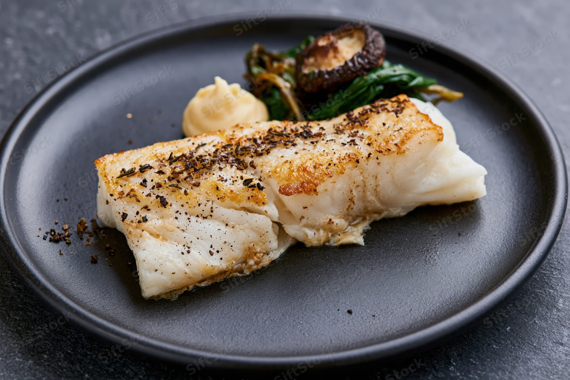 Pan-seared white fish fillet with herbs and vegetables on a dark matte ceramic plate