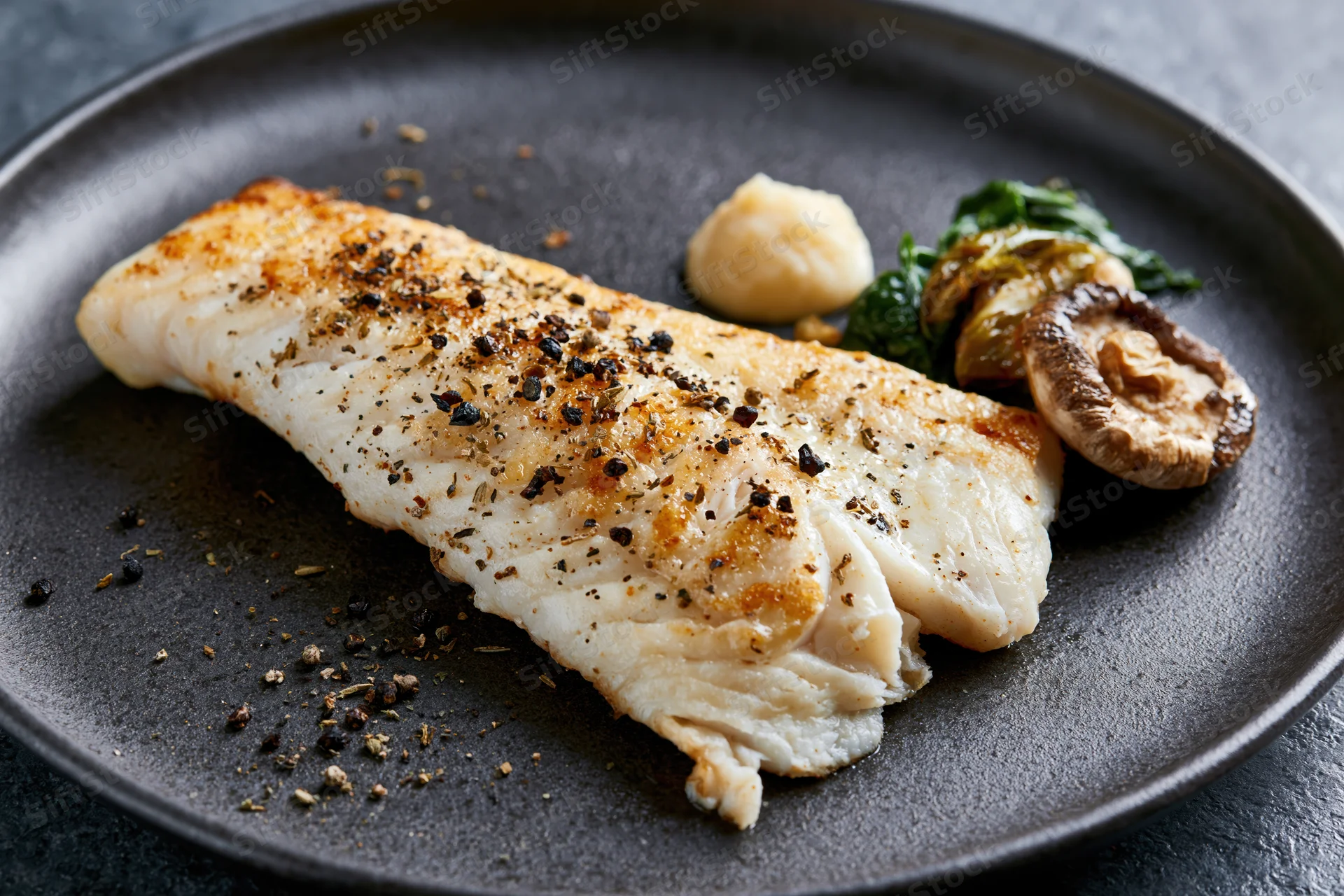 Pan-seared white fish fillet served on dark matte ceramic plate with herbs and side vegetables