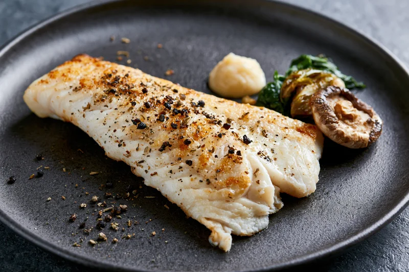 Pan-seared white fish fillet served on dark matte ceramic plate with herbs and side vegetables
