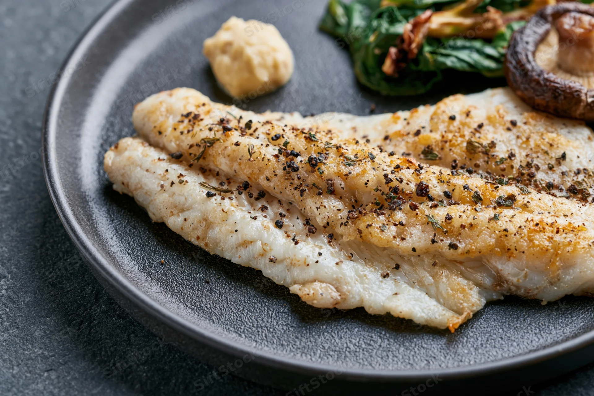 Pan-seared white fish fillet on dark matte ceramic plate with vegetables and sauce