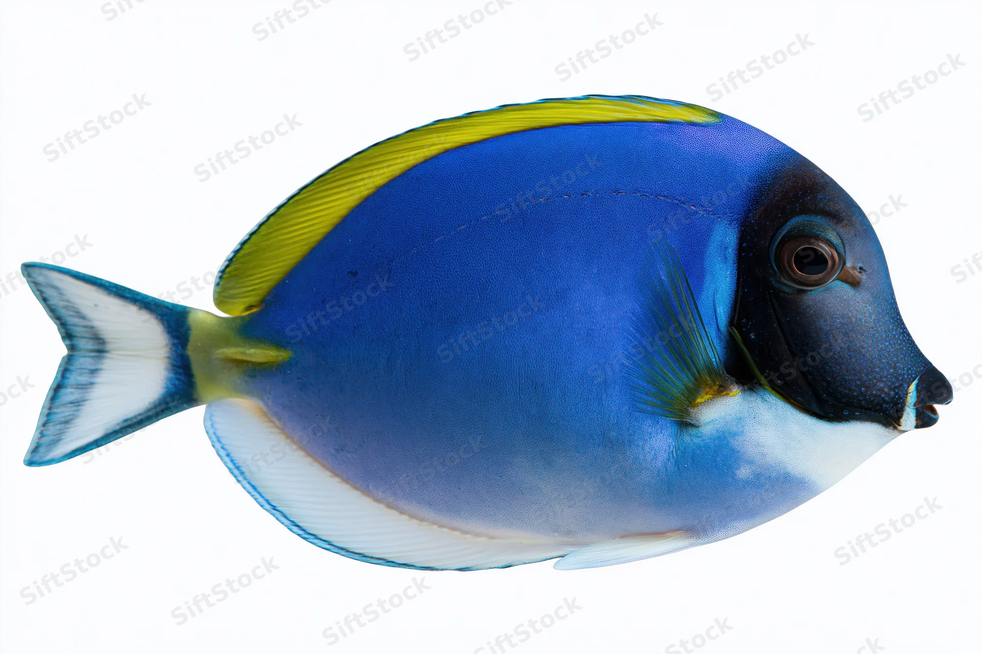Powder blue tang fish in profile view isolated on white background