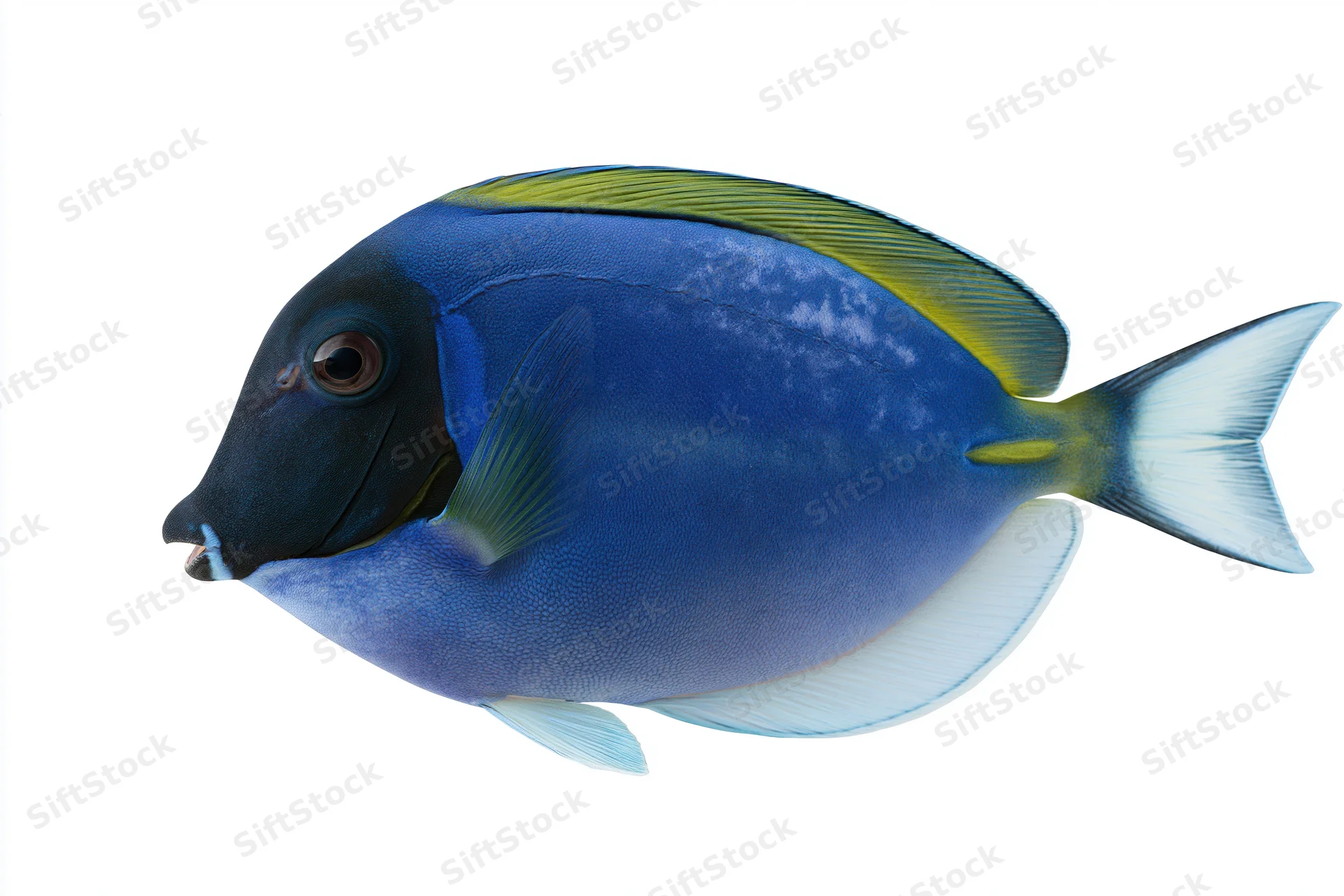 Powder blue tang fish in side profile isolated on white background
