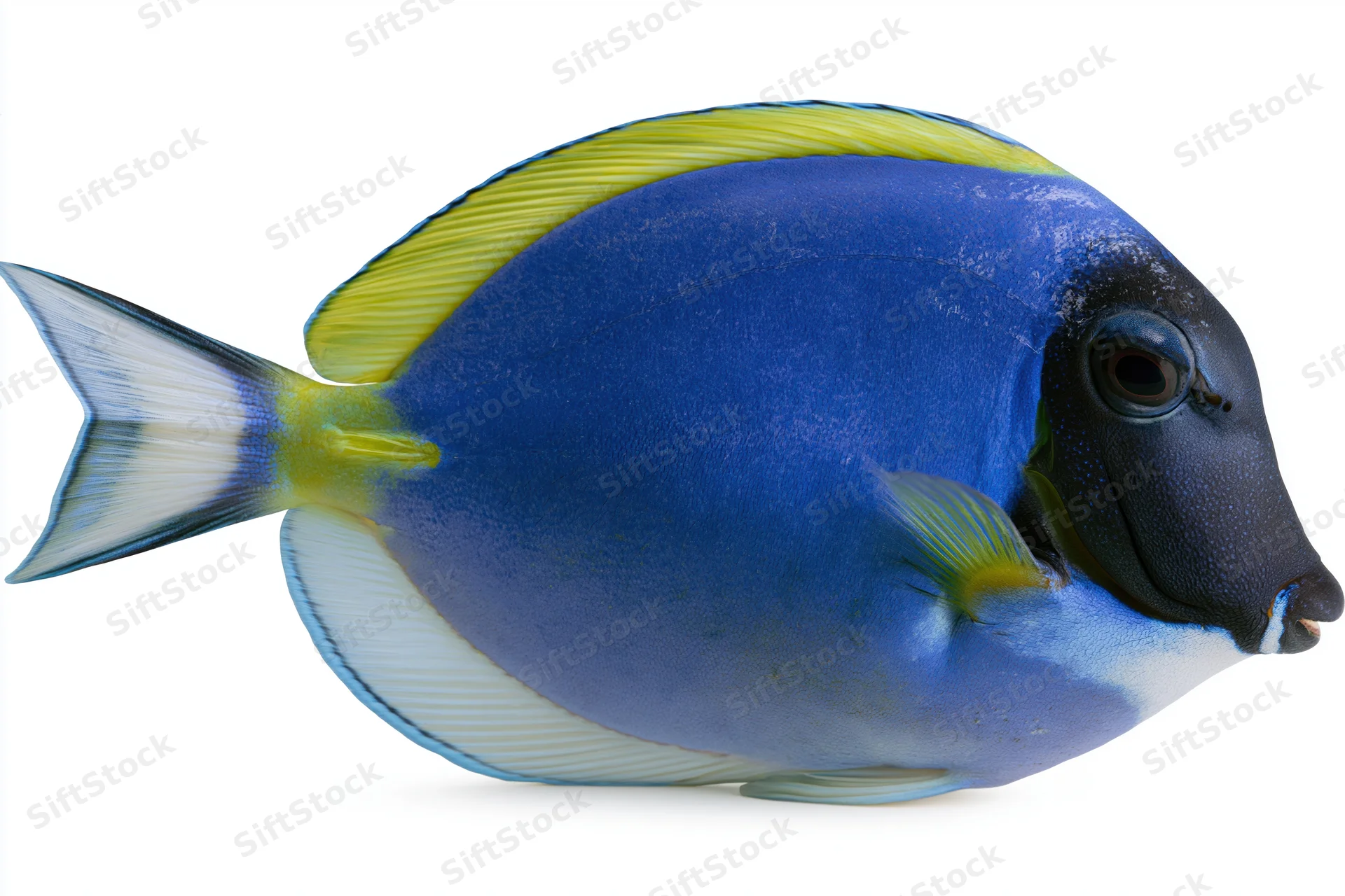 Powder blue tang fish isolated on white background