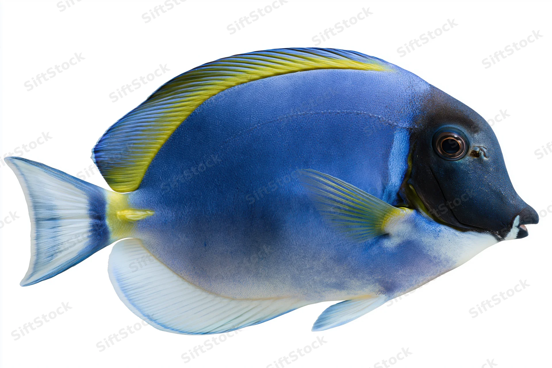 Powder blue tang fish in side profile isolated on white background