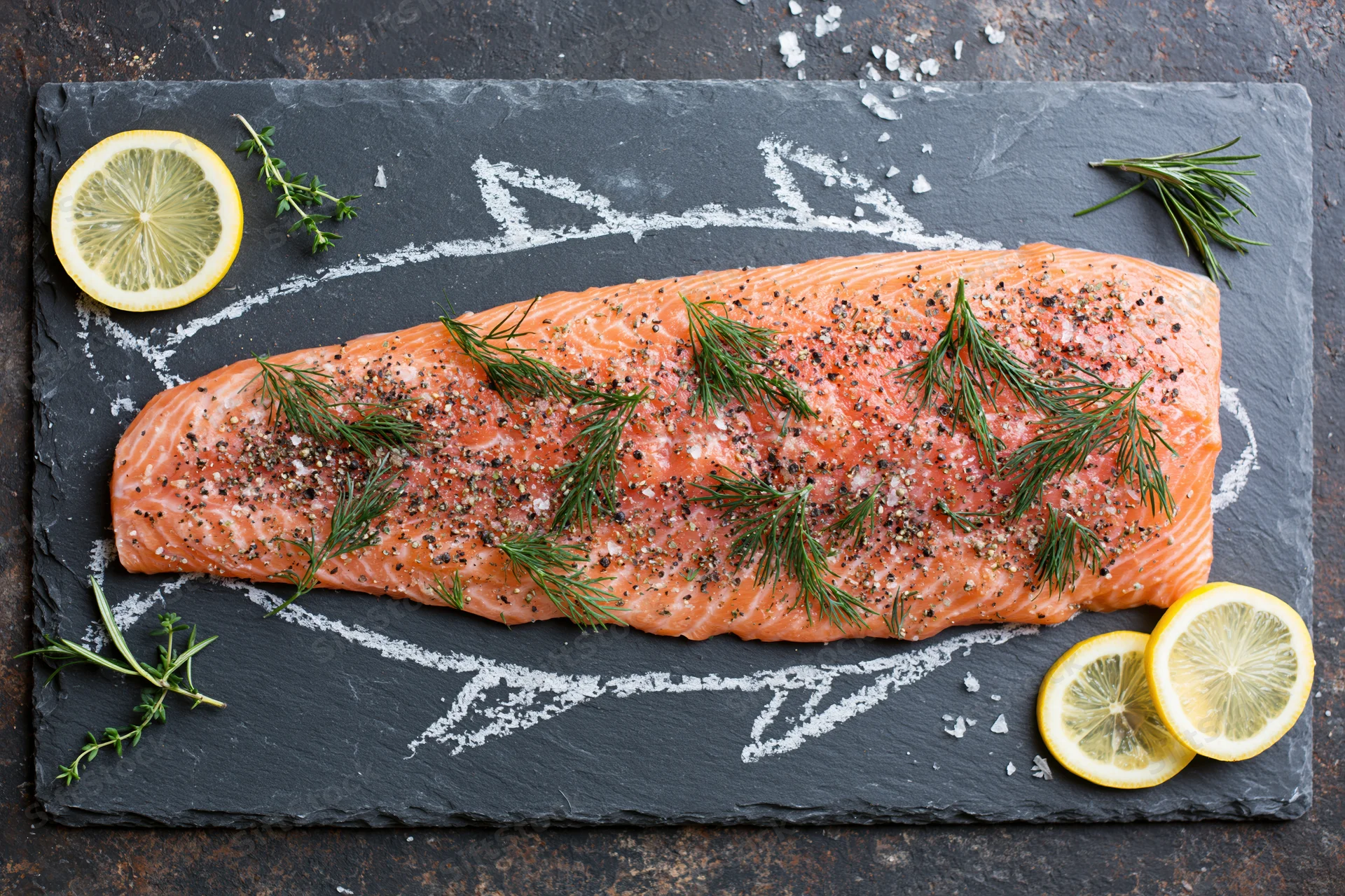 Raw salmon fillet seasoned with dill and pepper on slate plate with lemon slices and herbs arranged around it