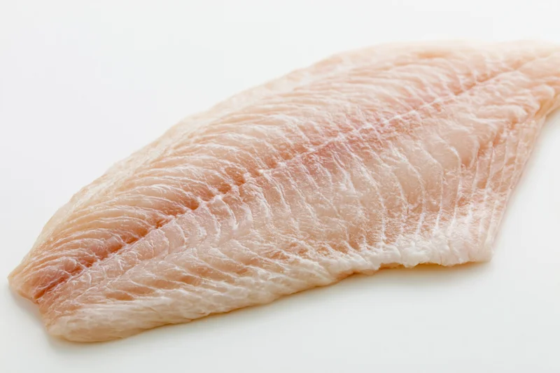 Raw white fish fillet laid flat on white background
