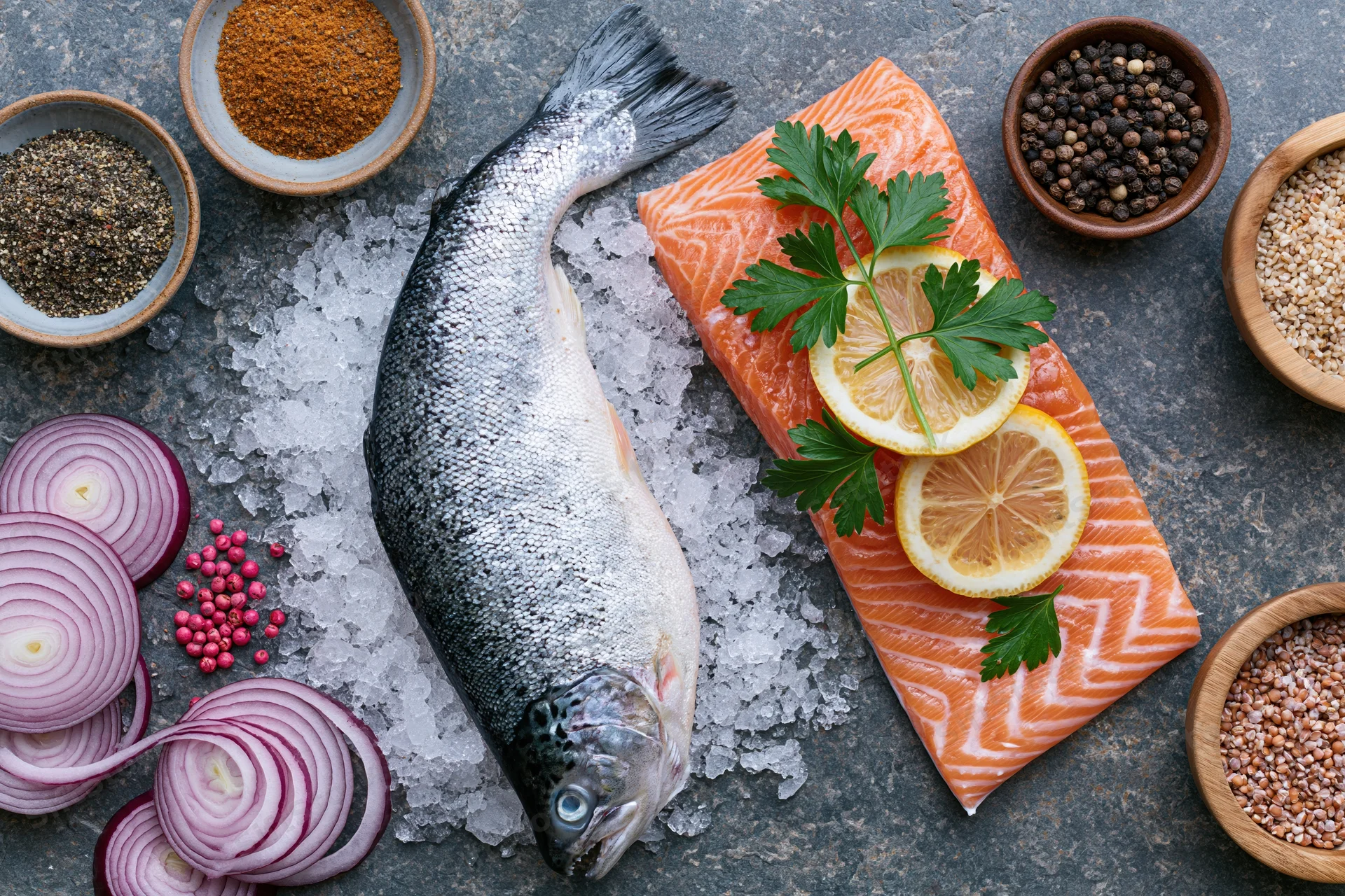 Whole raw fish and salmon fillet on crushed ice with herbs, lemon, onions and spices arranged on dark surface