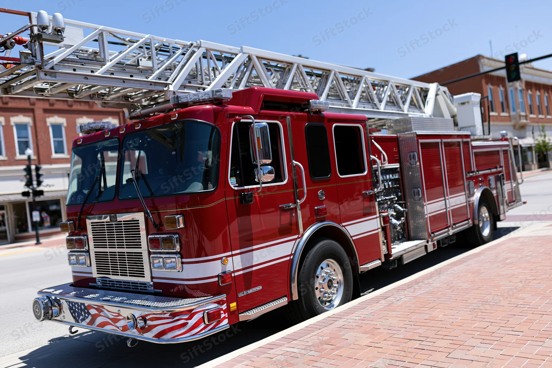 Red aerial ladder fire truck parked on brick-paved main street in small town
