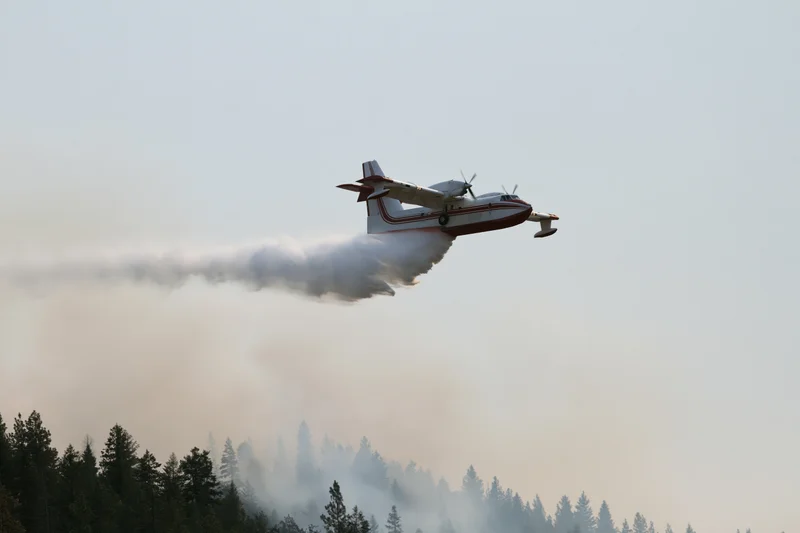 Red and white turboprop airtanker releasing water over forested area during wildfire suppression operation